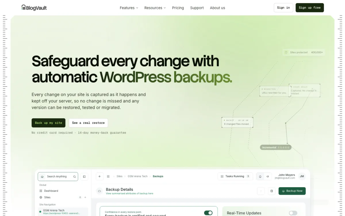 BlogVault homepage promoting automatic WordPress backups, with a backup details dashboard below the headline.