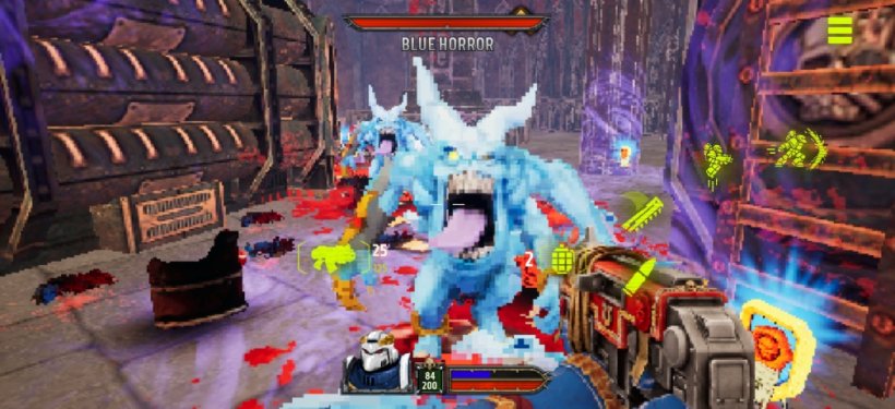 A blue horror rushes towards the player with its tongue sticking out