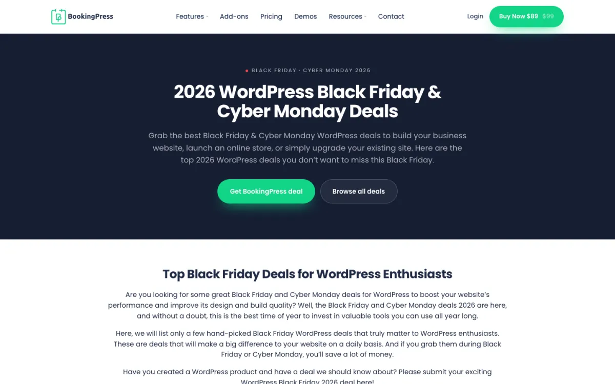 BookingPress 2026 WordPress Black Friday and Cyber Monday deals page with a Get BookingPress deal button.