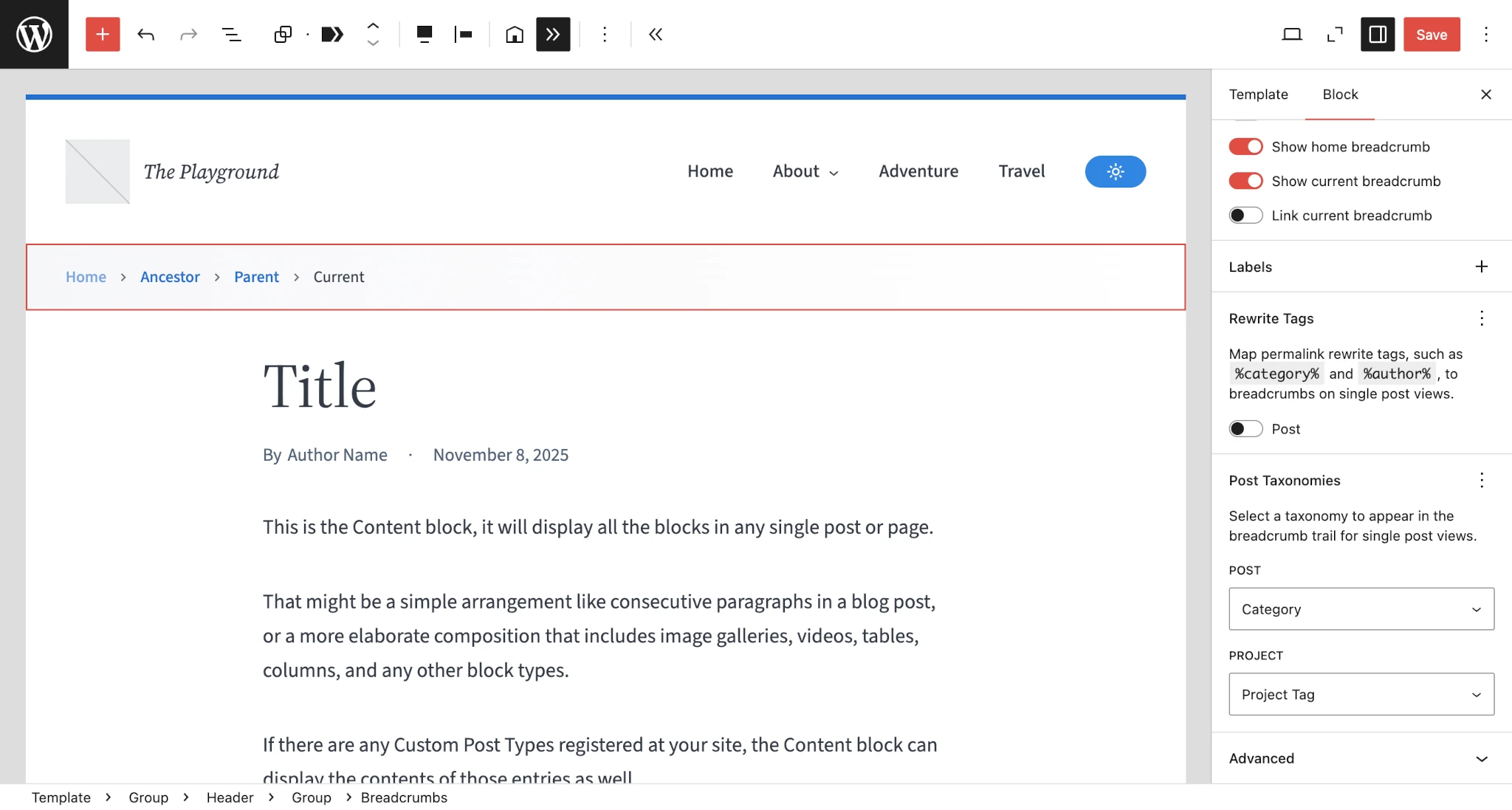 WordPress post editor showing a breadcrumbs block. In the sidebar are panels for selecting post rewrite tags and taxonomies.