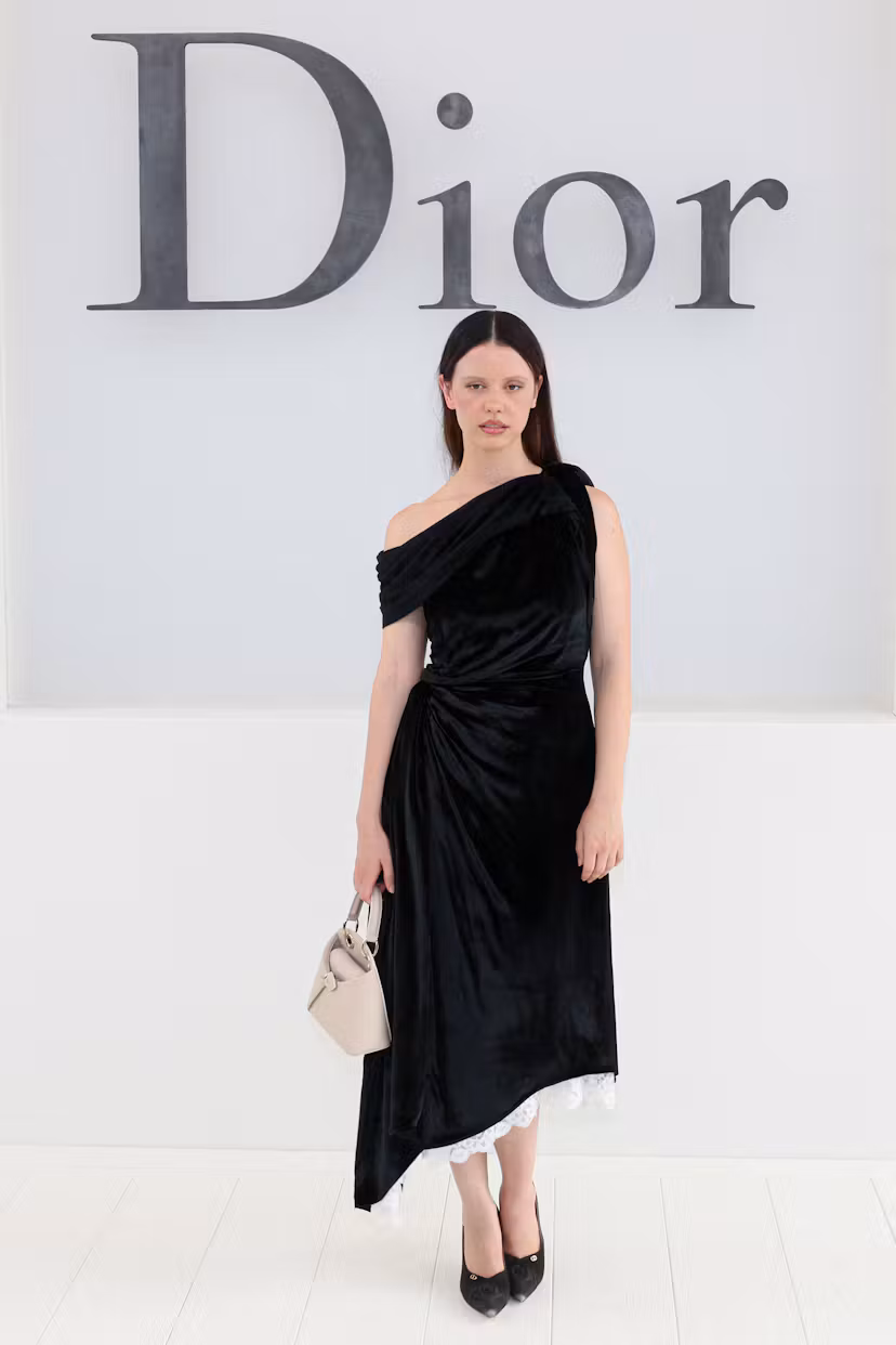British actress Mia Goth poses for a photocall ahead of the Christian Dior Women's Spring/Summer 202...