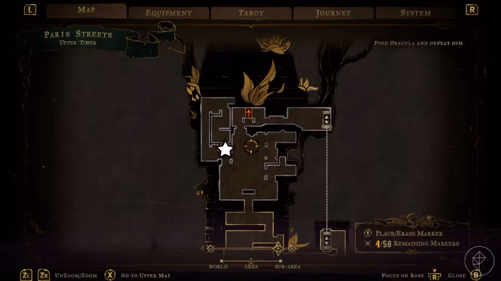 A Castlevania: Belmont's Curse screenshot showing the map of Paris Streets and where you find the spirit who tells you about the carpenter's crane