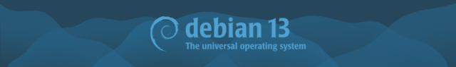 A example of the previous winning debian theme. The banner involves various blue hues and features a circular logo design.