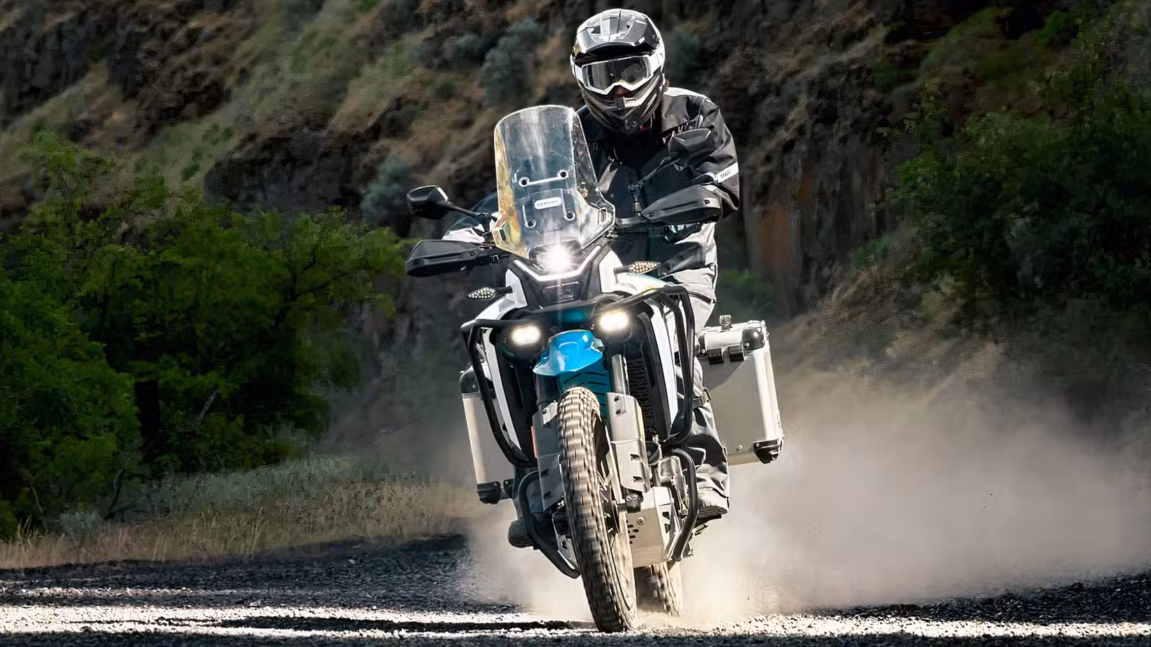 Accessorised version of the CFMoto Ibex 450 going off-road