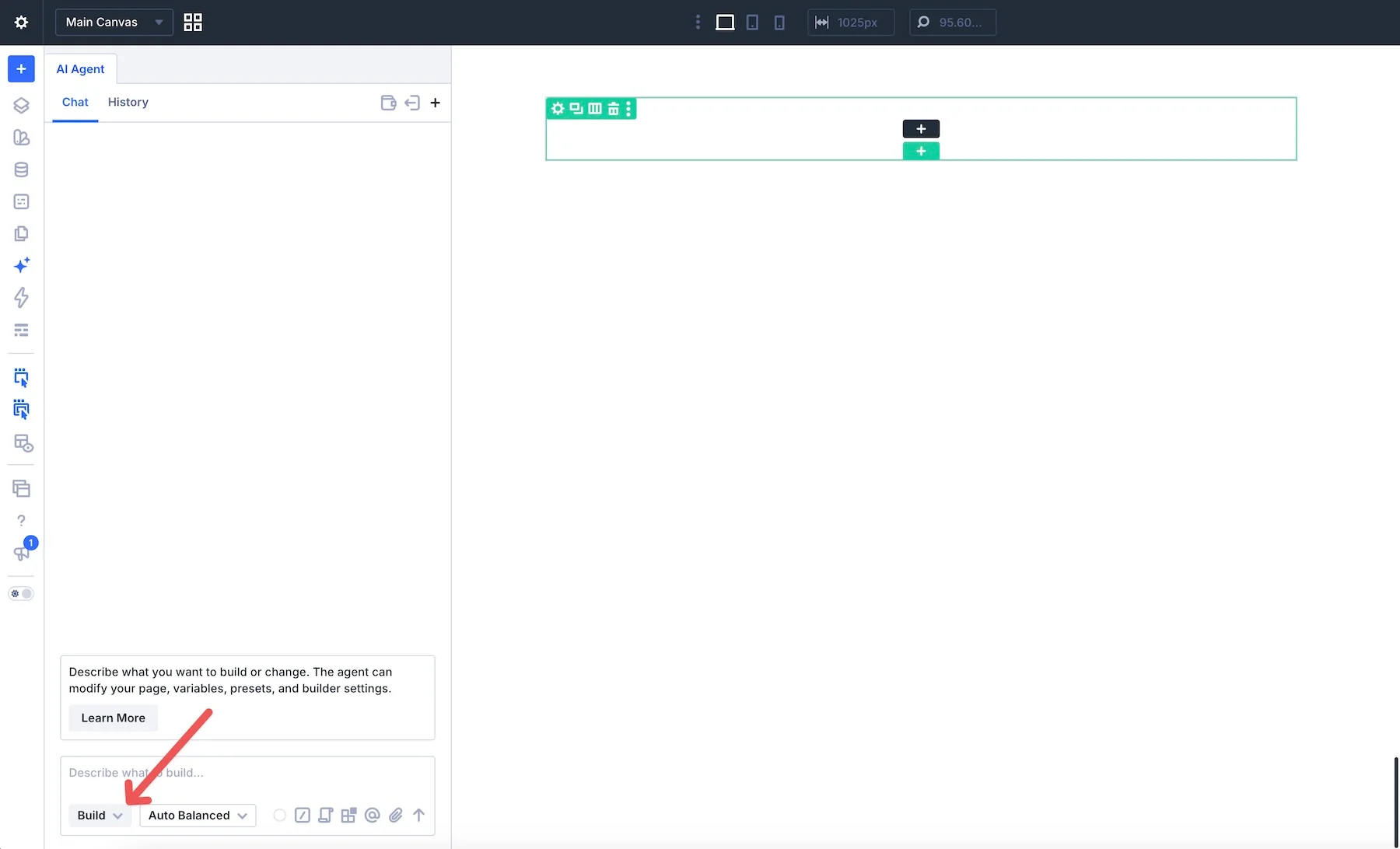 Ask and Build mode controls in Divi AI Agents