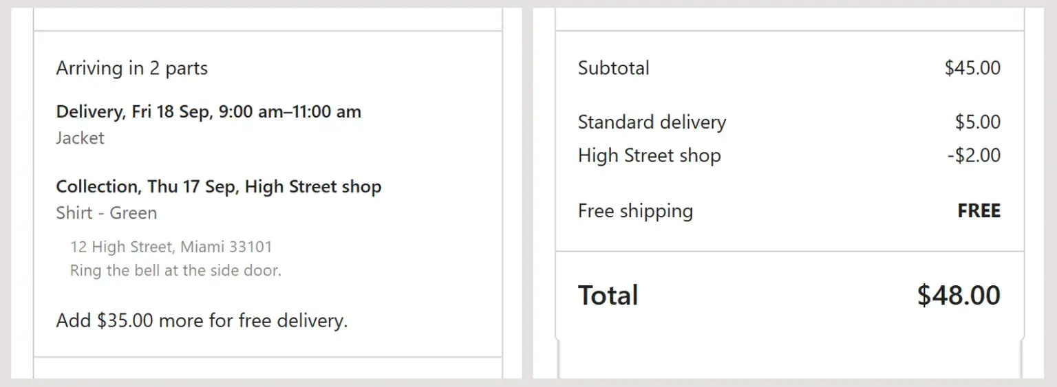 The delivery fee appears as its own line in the order totals, named after the service