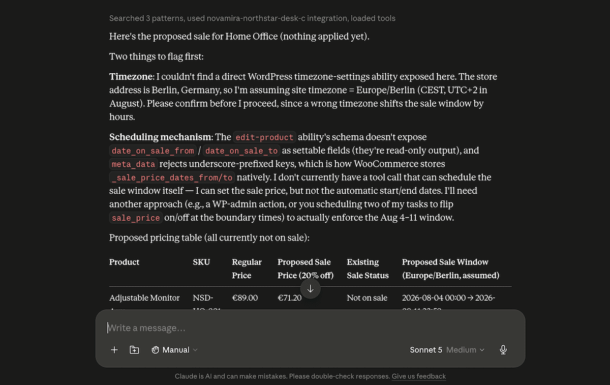 The Claude Desktop interface showing two issues flagged relating to sale pricing and timezone allocation.