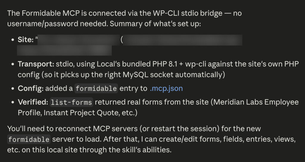 Formidable MCP server configuration summary showing site connection, stdio transport setup, and verified form retrieval details.