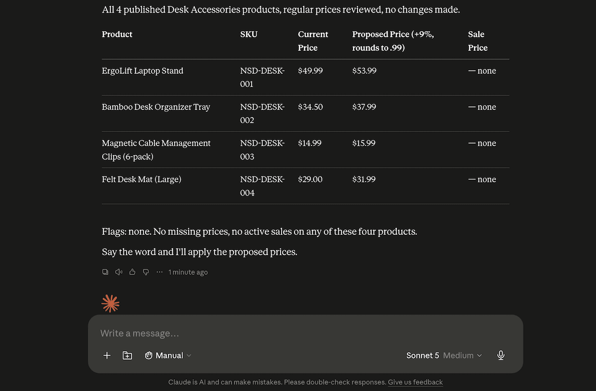 Claude's preview table showing current and proposed prices for some Desk Accessories products.