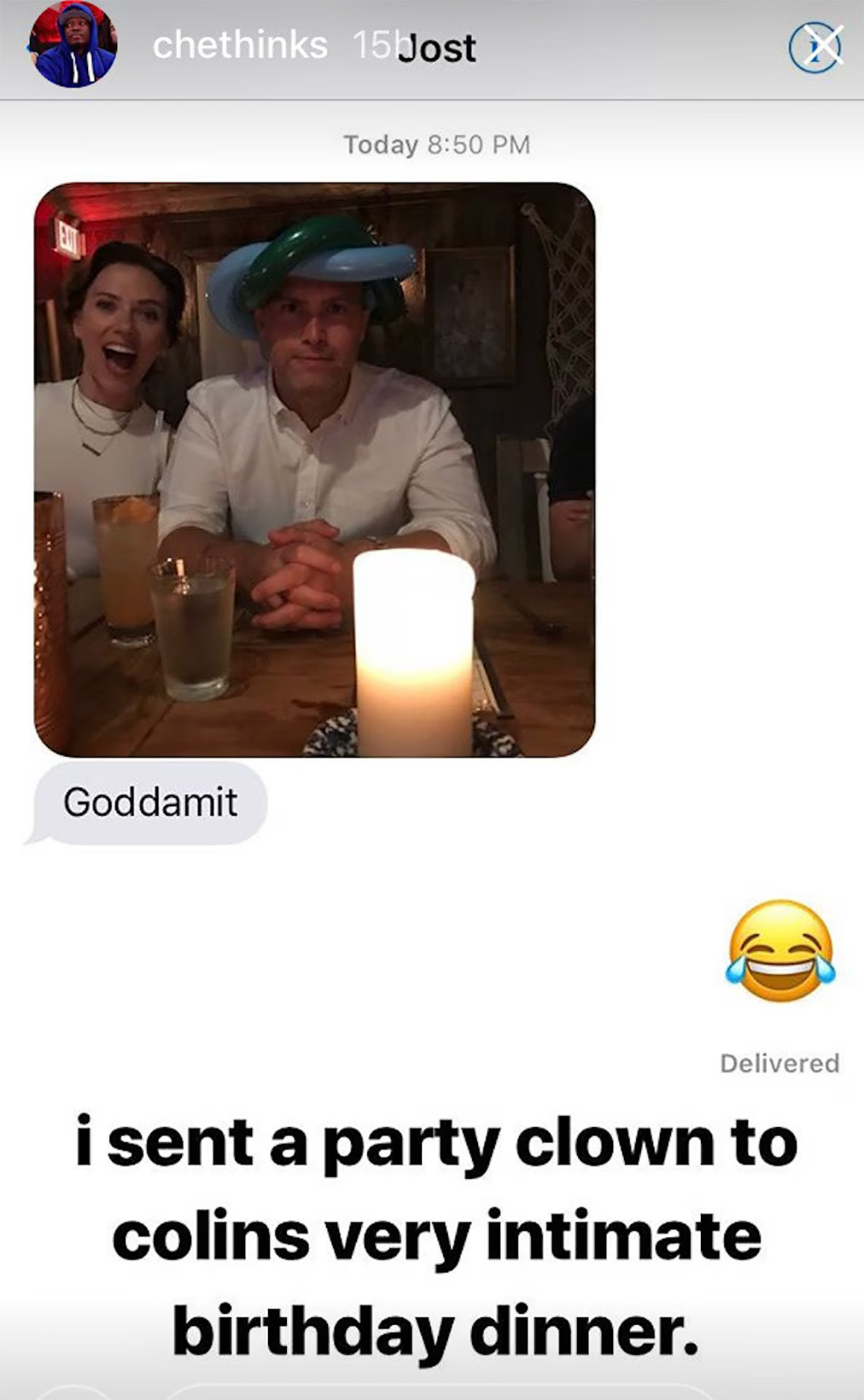 The infamous balloon hat Colin Jost wore when Michael Che sent a clown to Scarlett Johansson's birthday.