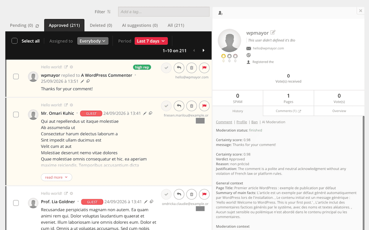 A user profile within the GraphComment moderation queue.