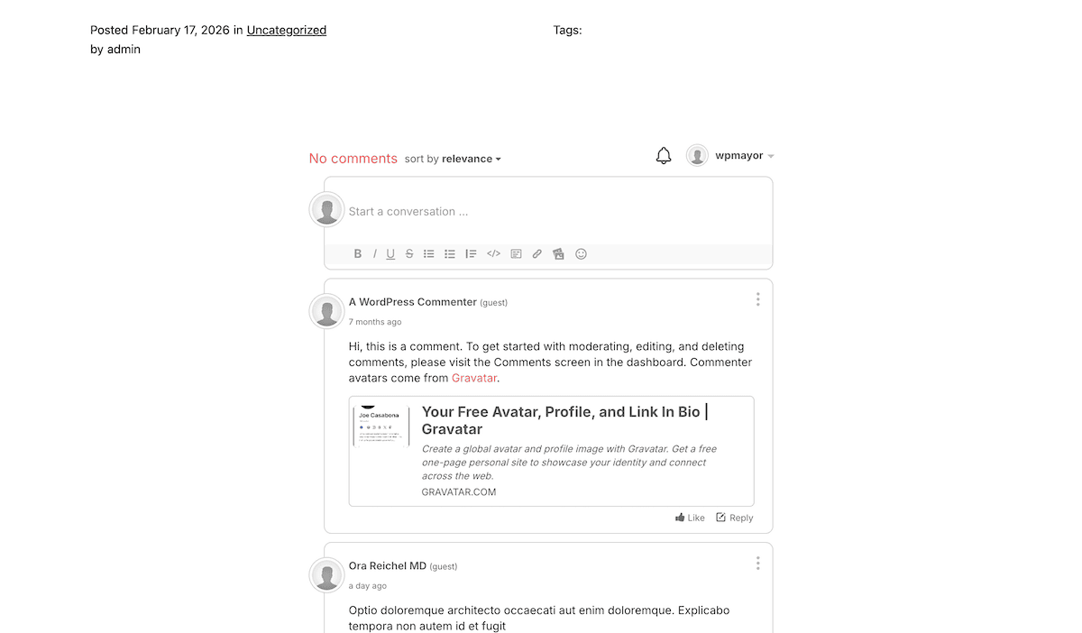 The GraphComments widget on the front-end showing ongoing conversation threads.