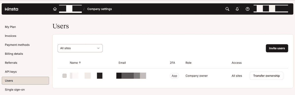 The Users screen in MyKinsta showing a list of current users, role information, email addresses, and access privileges.