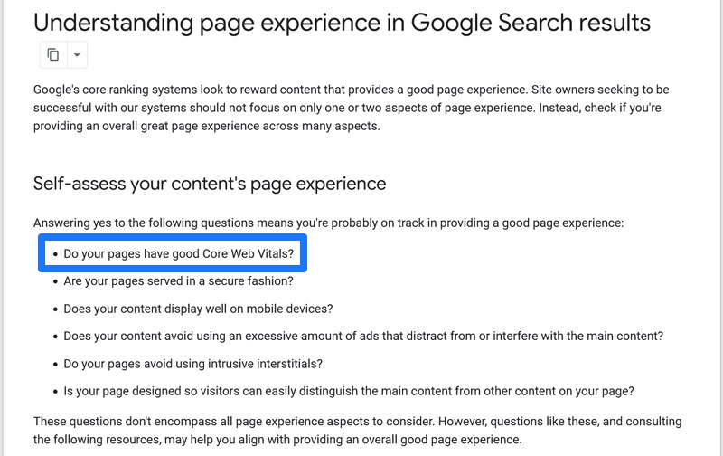 core web vitals are part of googles ranking systems