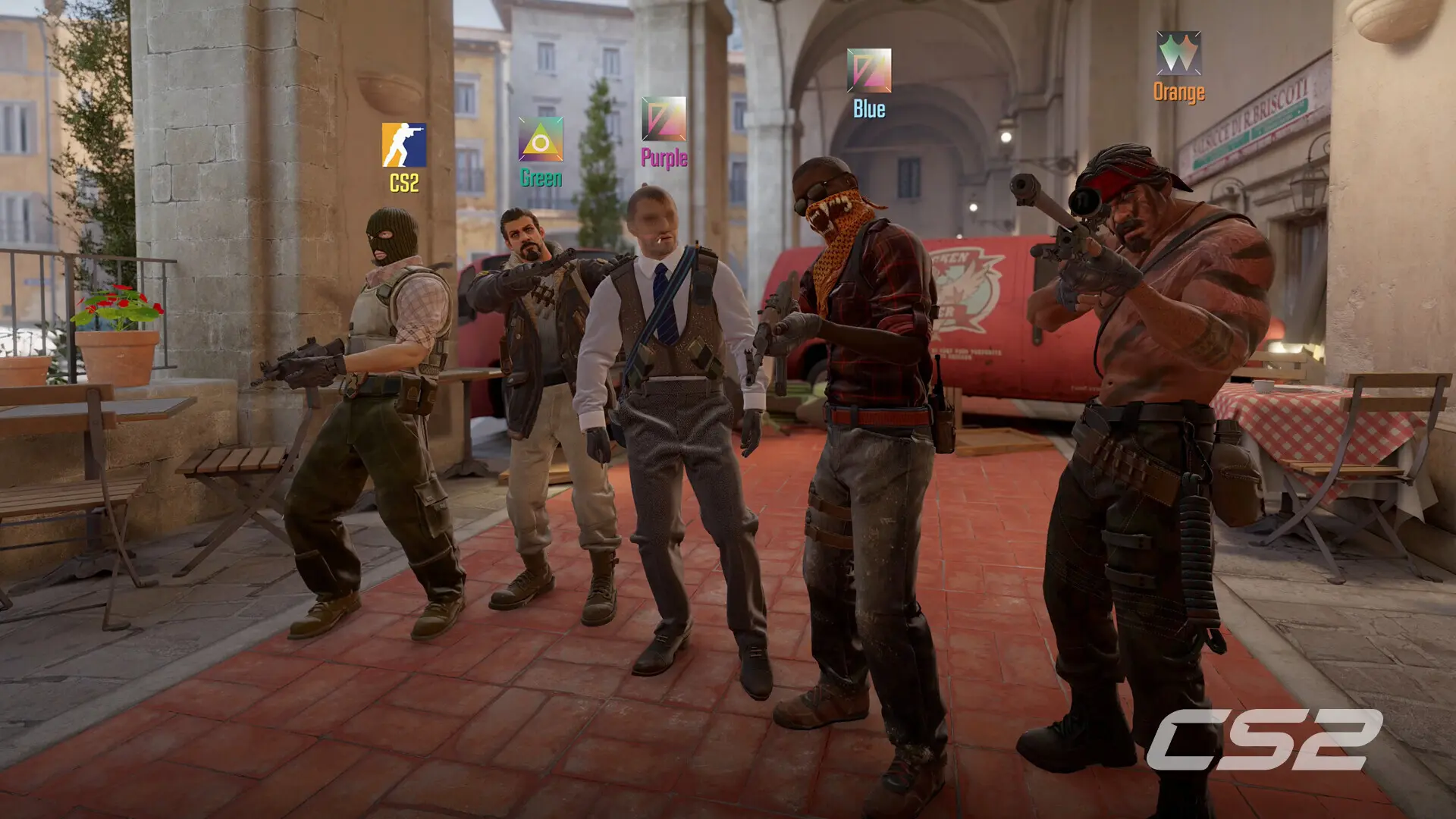 A group of Counter-Strike 2 characters standing in a town square environment.