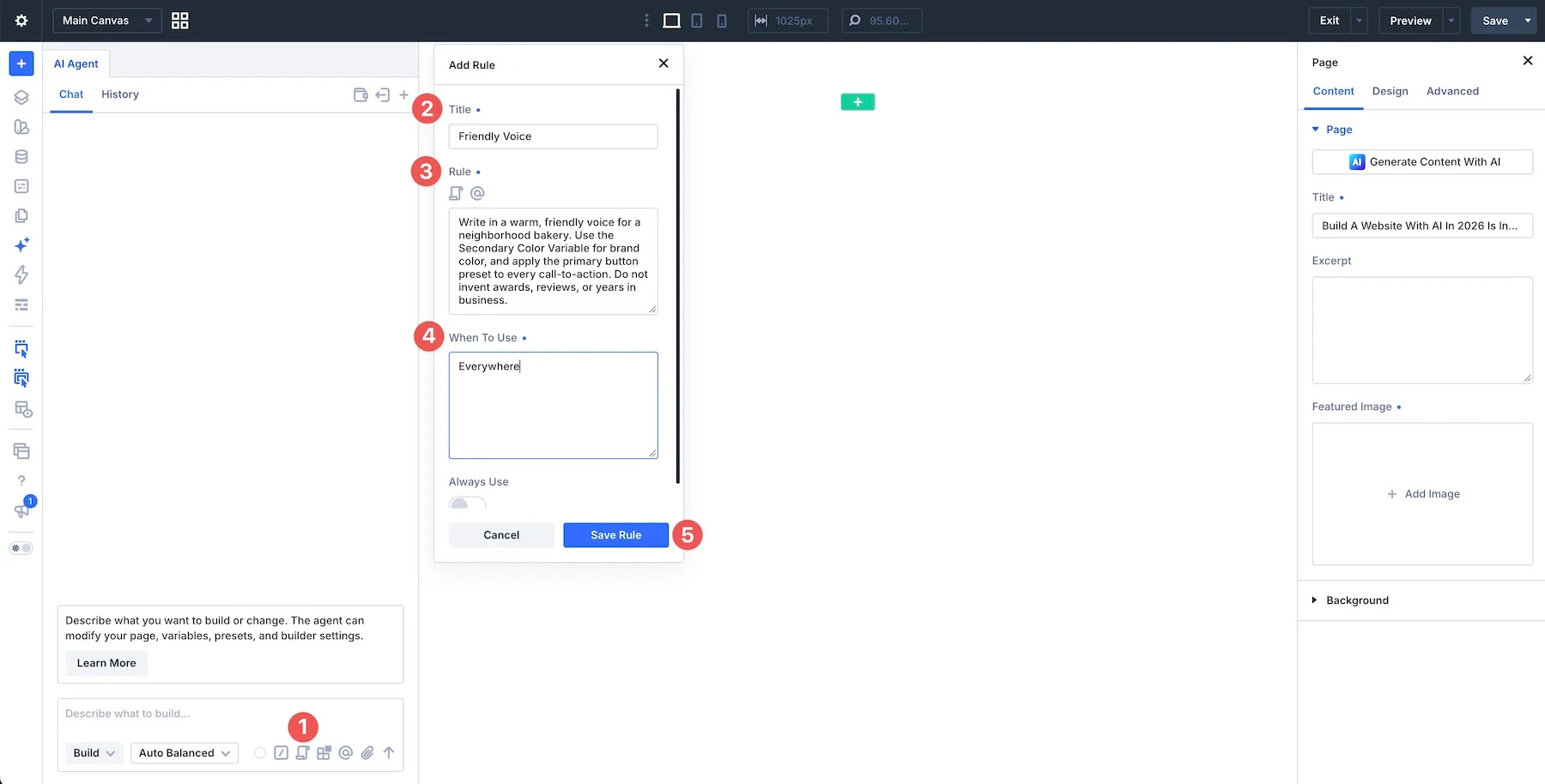 Creating a persistent Rule in the Divi AI agents interface