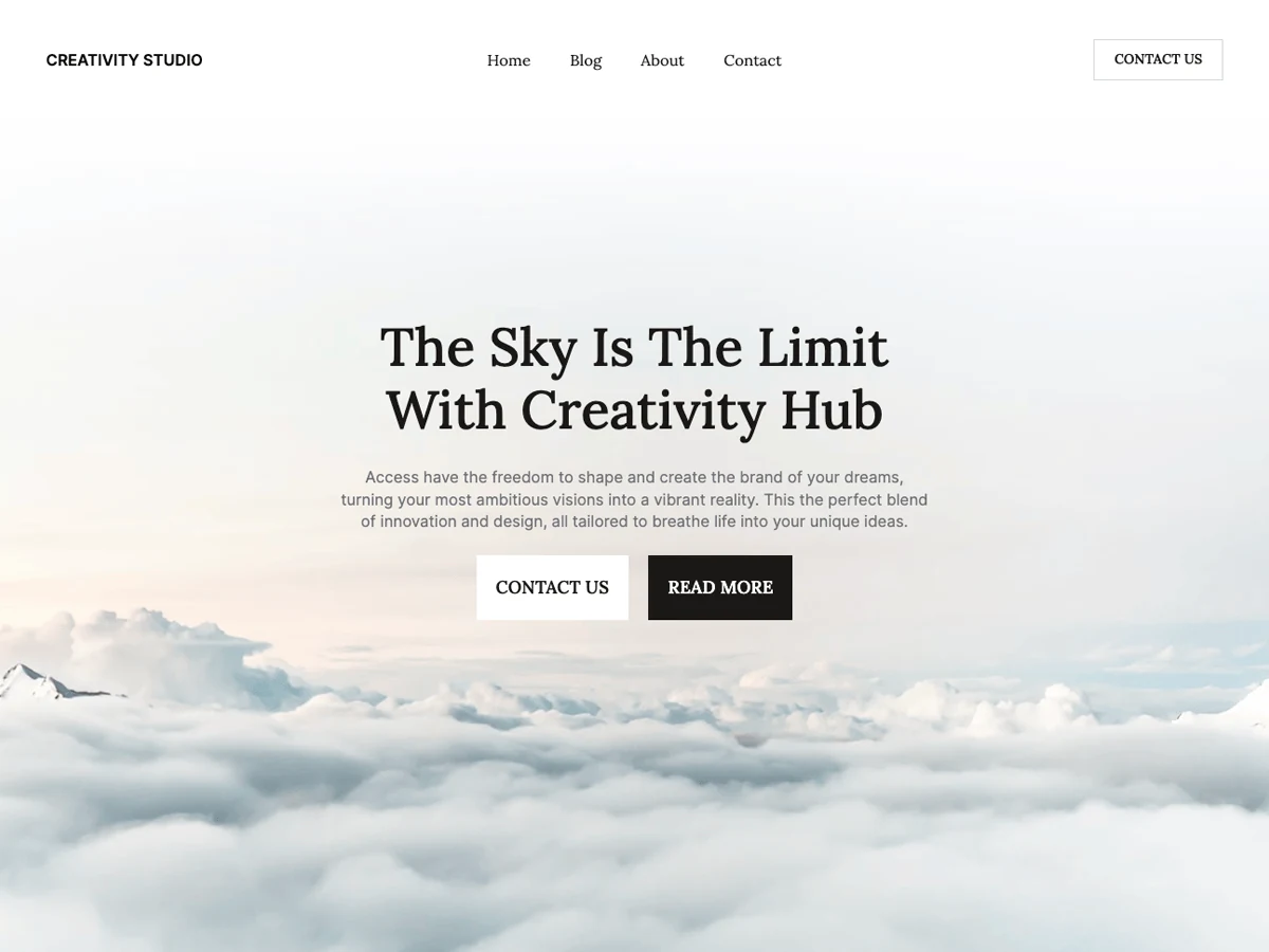Creativity Hub theme preview with a cloud landscape, centered headline and simple navigation.