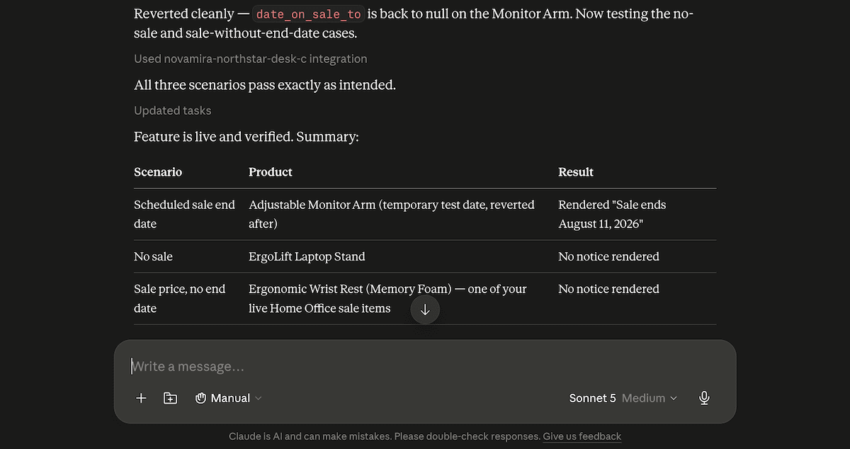 Part of Claude's implementation plan for the sale-ends notice functionality, complete with a summary of the actions taken.