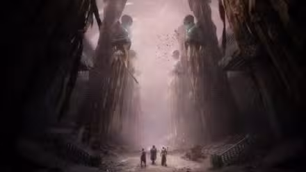 Three characters from Dragon Age: The Veilguard walking through an area full of massive dilapidated metal statues