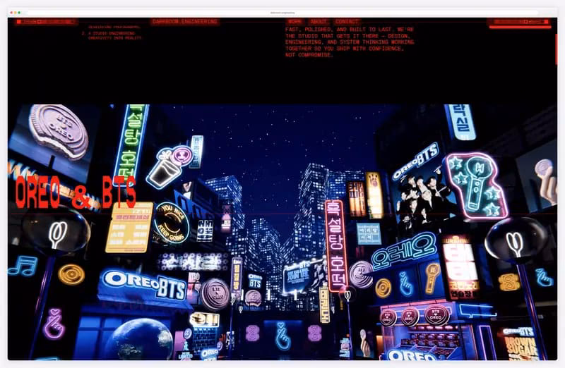 darkroom.engineering website animation: neon project scenes scrolling under red pixel type