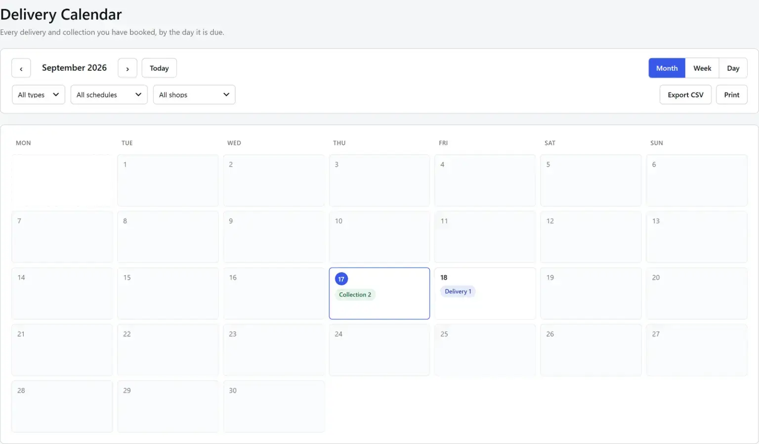 The Delivery Calendar gives you a full month, week, or day view of every booking