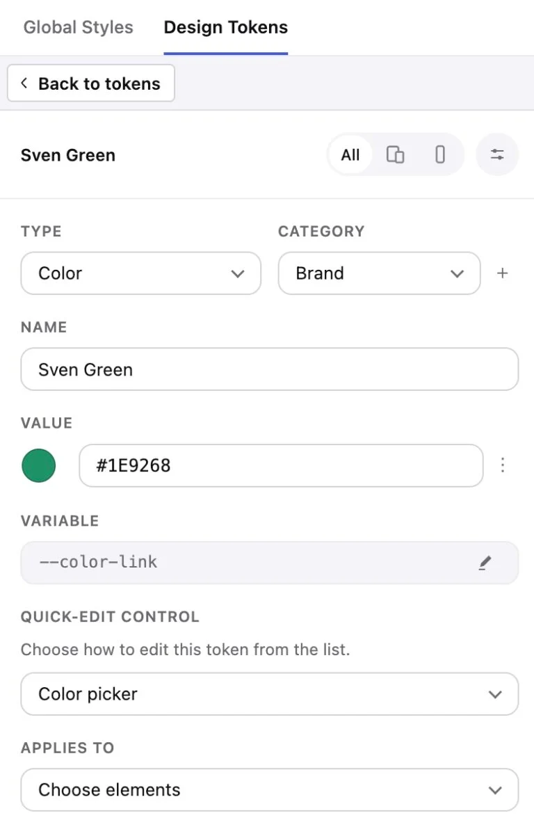 Design Tokens specifics screenshot