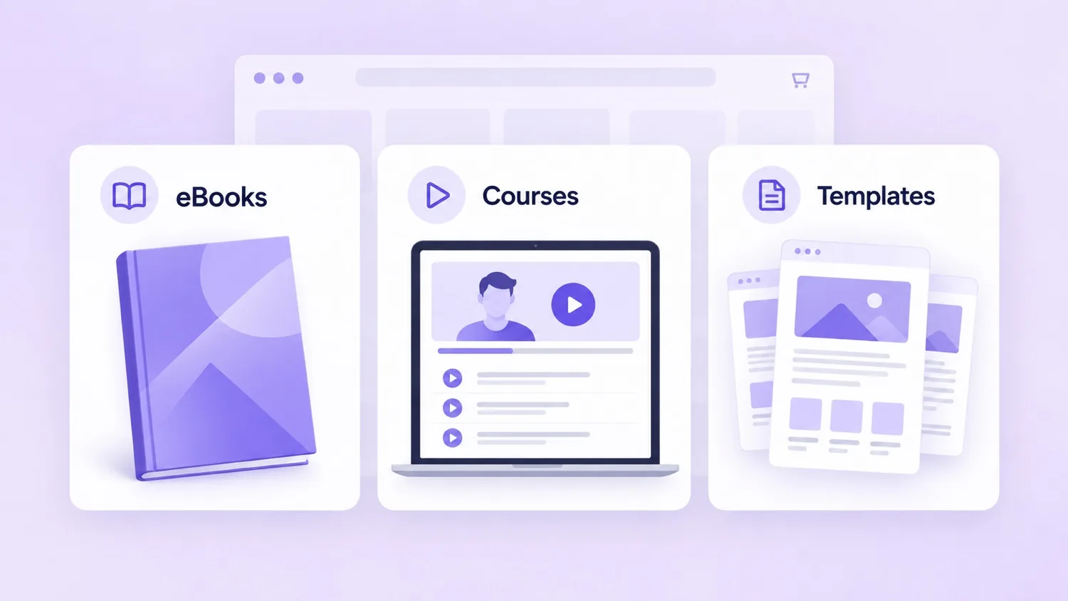 Three digital products a blogger can sell: an eBook, an online course, and a downloadable template.