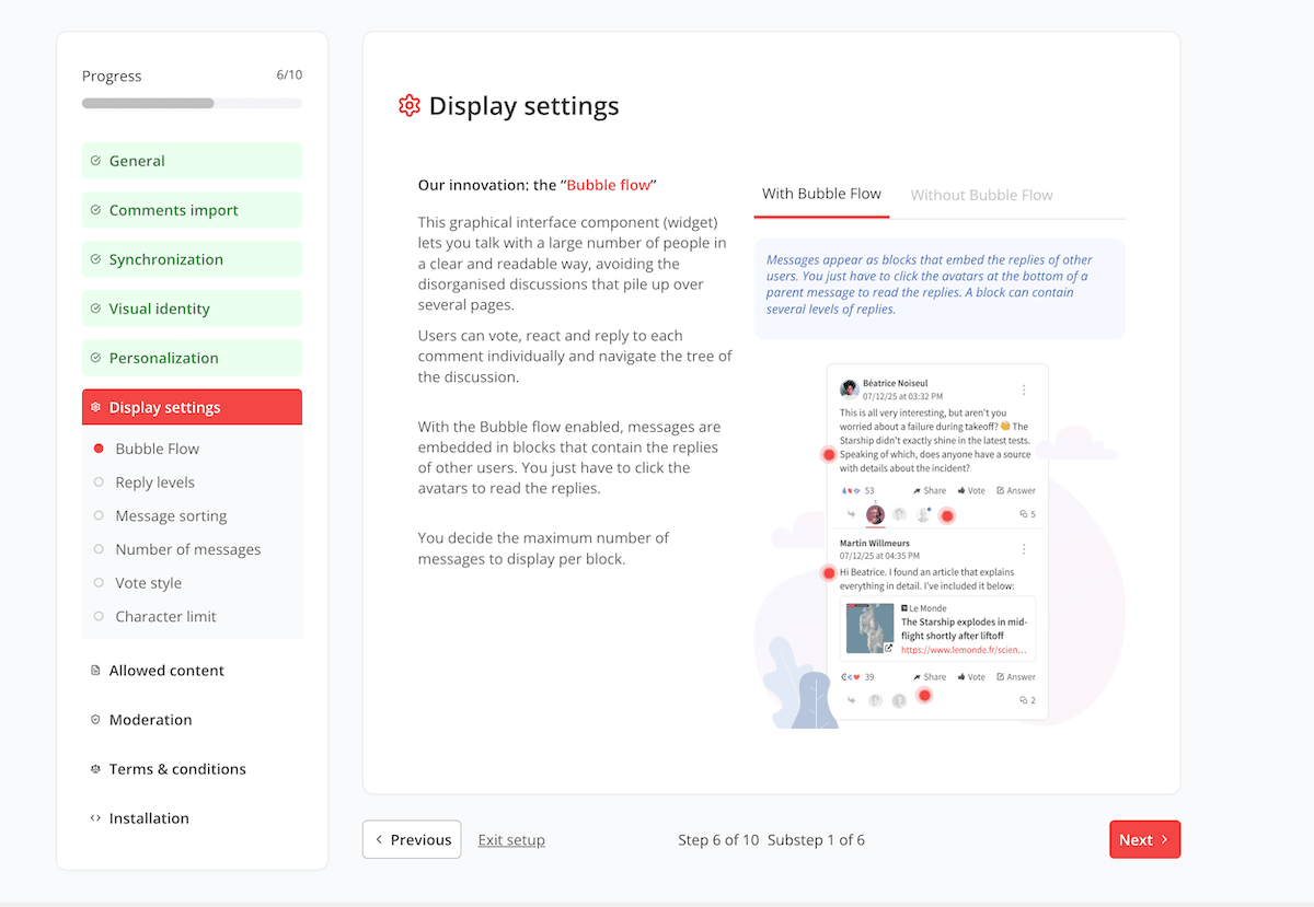 The onboarding wizard for GraphComment showing display settings for comments threads.