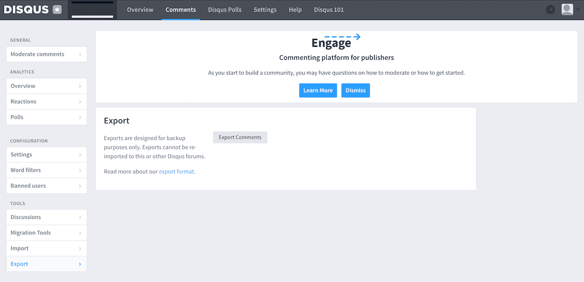 The Disqus export dialog screen.