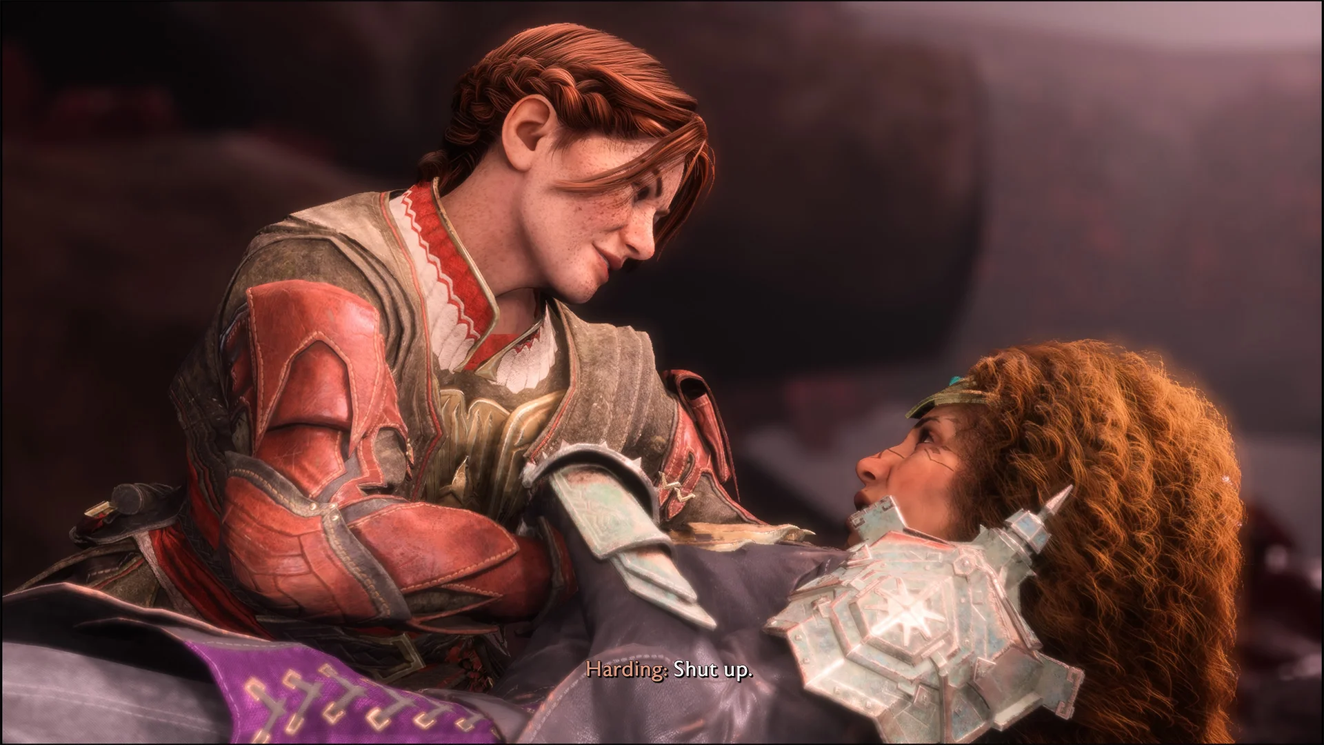 Dragon Age Veilguard screenshot of the Rook and Harding romance.