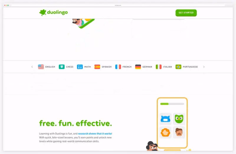 Duolingo website animation: illustrations sliding in as sections scroll into view