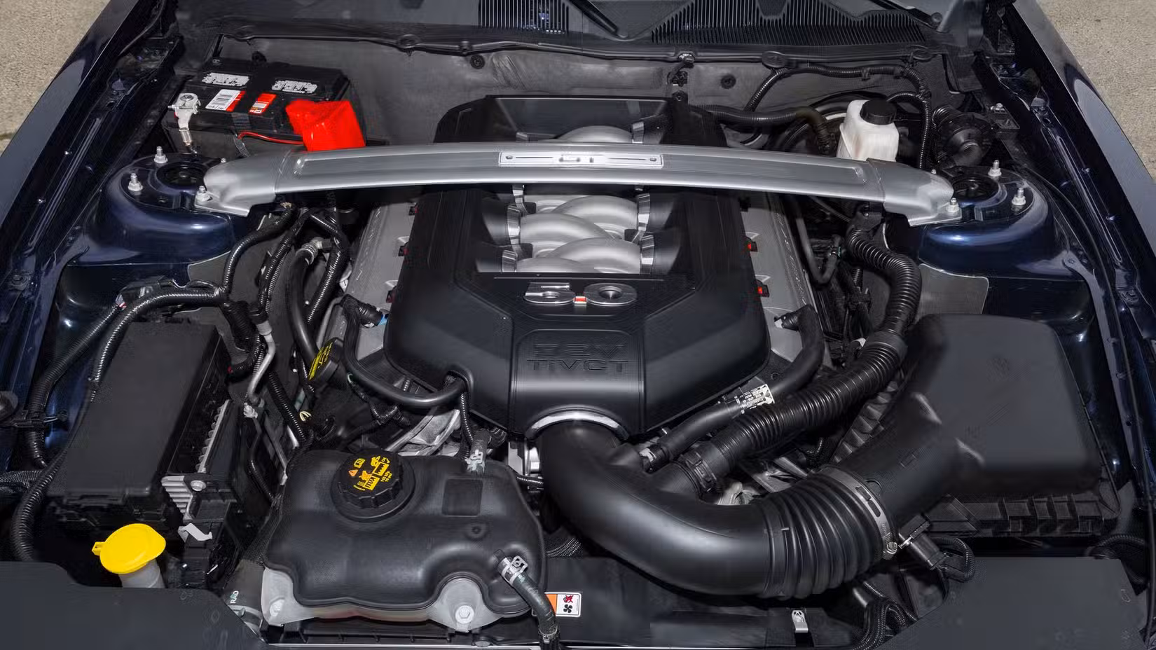 2011 Ford Mustang GT engine, front profile closeup view in bay