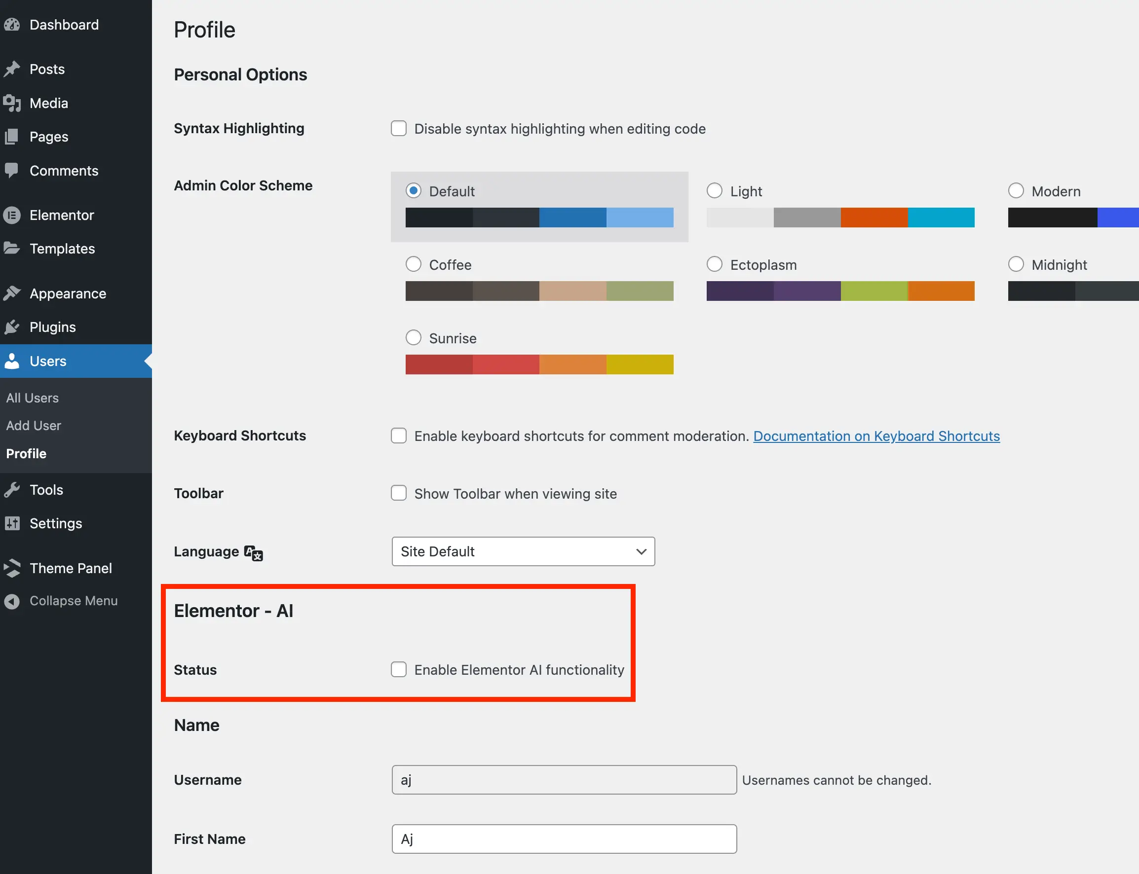 WordPress user profile enable Elementor AI functionality field