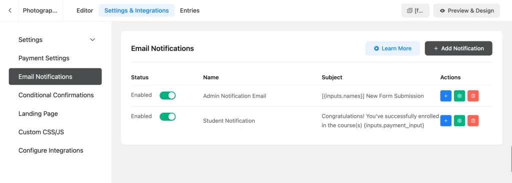 Admin and student email notifications enabled in Fluent Forms Settings and Integrations