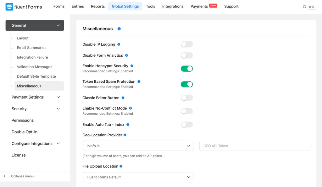 Honeypot Security and Token Based Spam Protection toggled on under Global Settings Miscellaneous in Fluent Forms