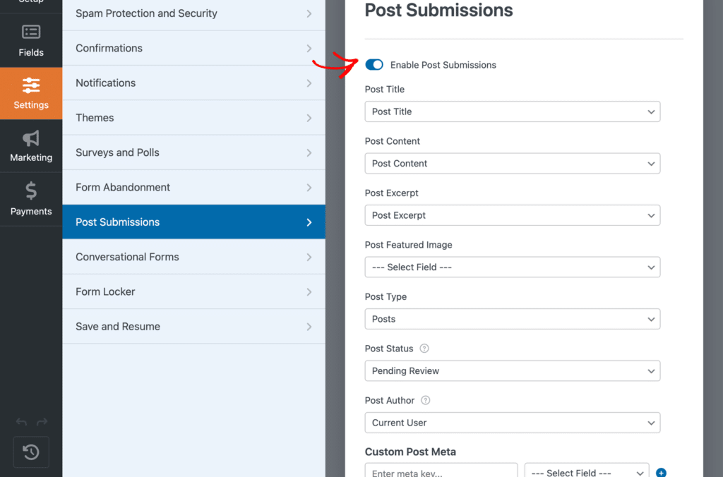 Settings panel: Post Submissions form open with fields for enabling submissions, post title, content, excerpt, image, type, status, and author.