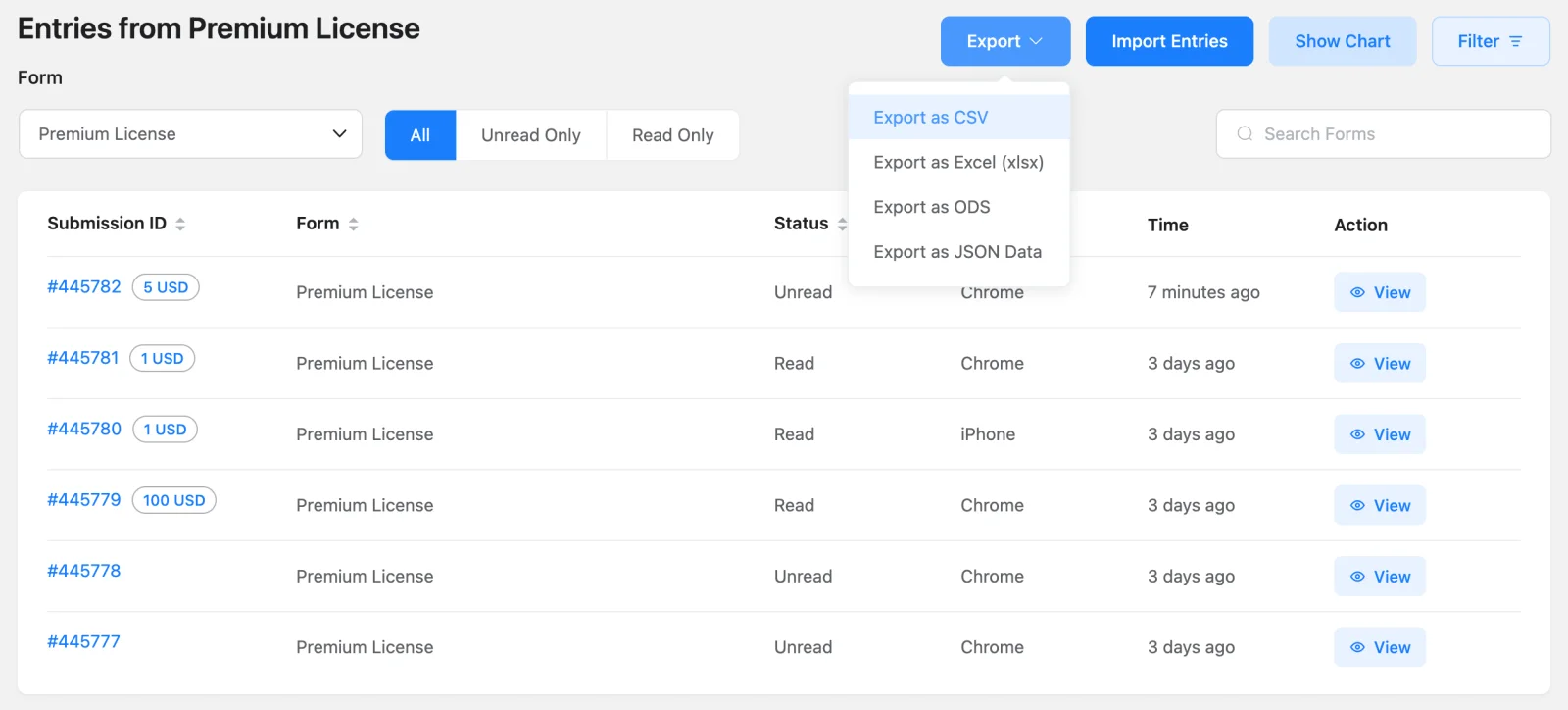 The Entries page with a form selected and the Export menu open, showing CSV, Excel, ODS, and JSON