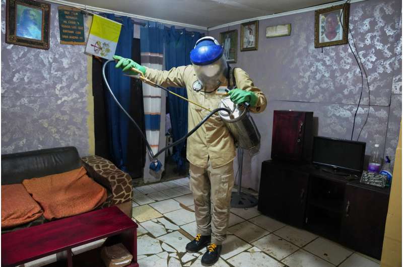 A worker prepares to spray insecticide inside a room to help prevent the spread of malaria in Malabo, Equatorial Guinea, April 24, 2026. Credit: AP Photo/Misper Apawu Equatorial Guinea Malaria