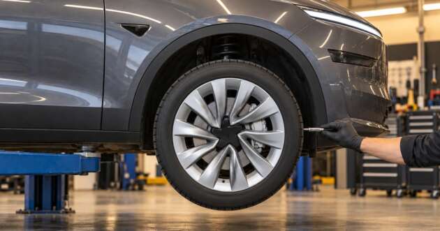 Checking the tread depth on a Tesla Model Y's front tyre
