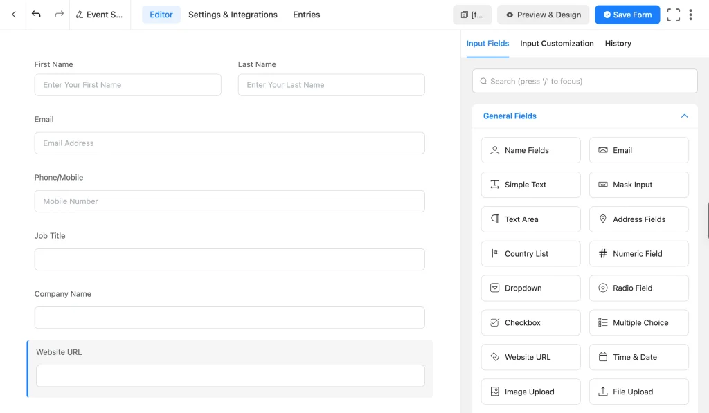 Sponsor contact fields including company name and Website URL field in Fluent Forms