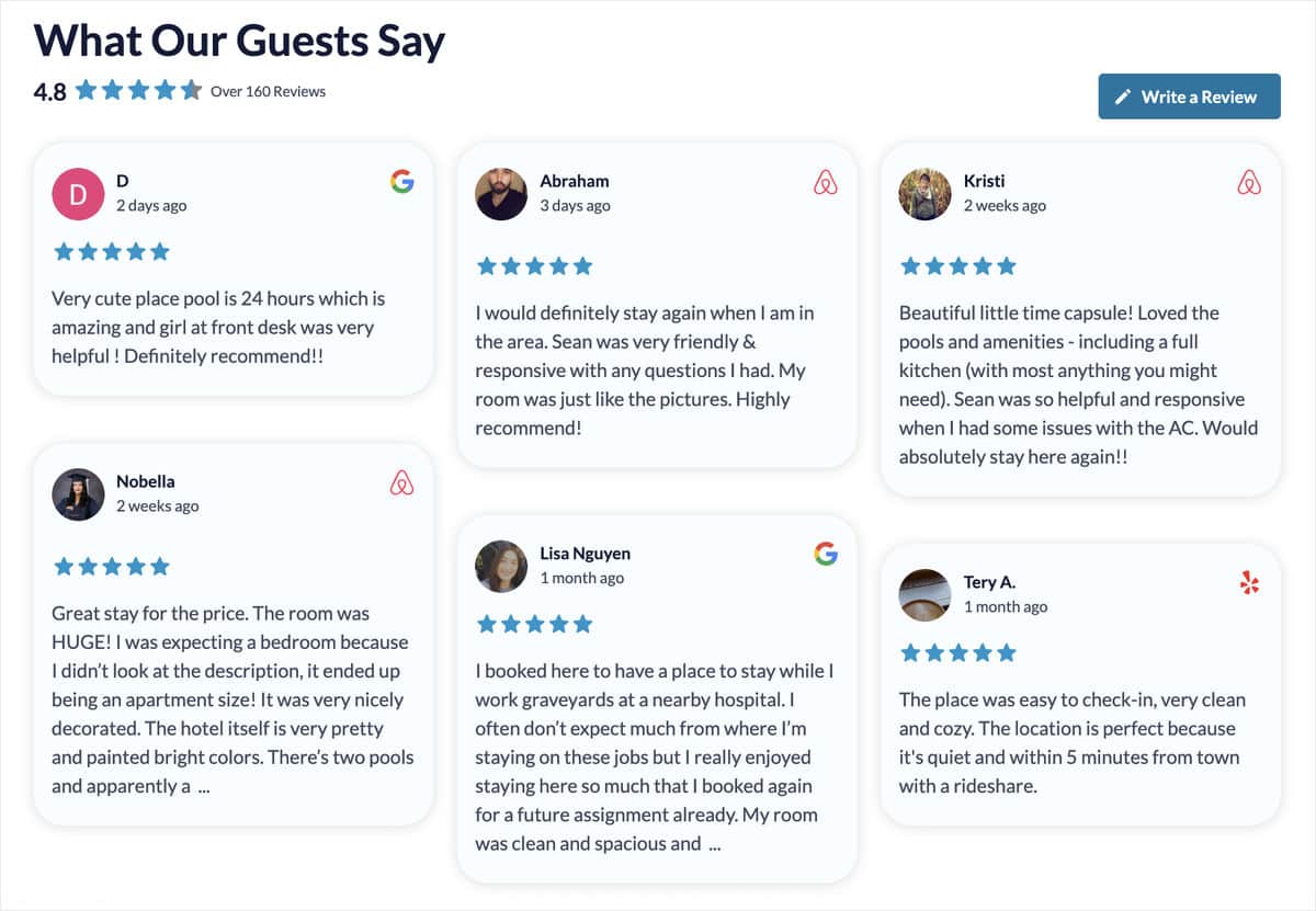 Combined reviews feed on a WordPress site mixing Airbnb reviews with reviews from other platforms