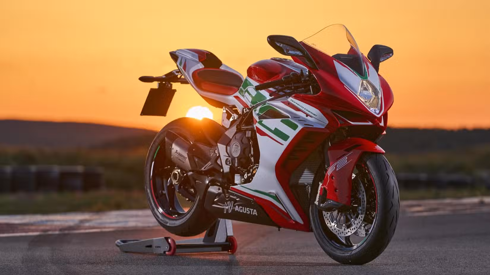 MV Agusta F3 RC on a racetrack during sundown