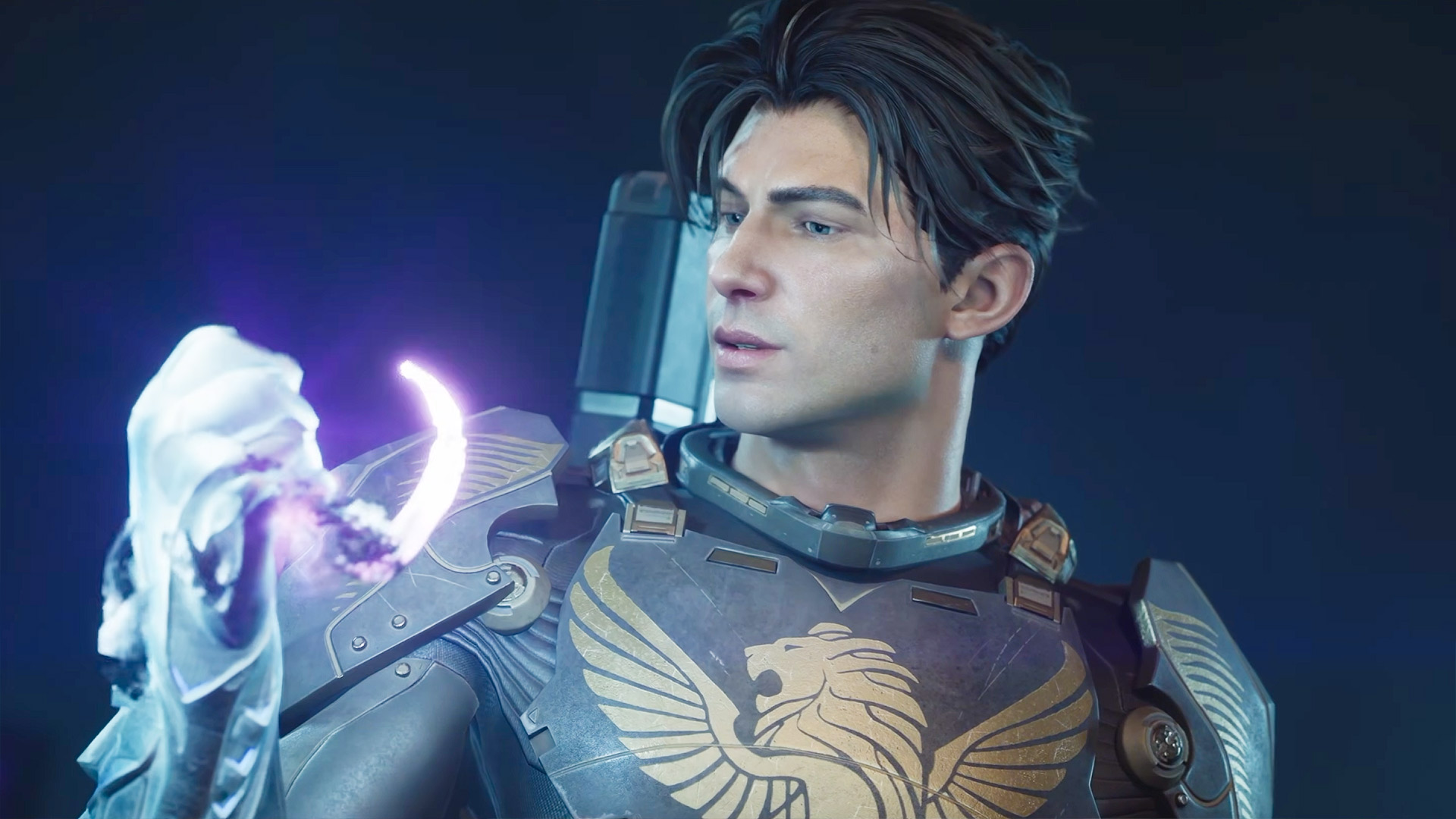 Exodus - Jun Aslan in space armor with a griffin on the chest. He's looking at his hand as it glows with new power.