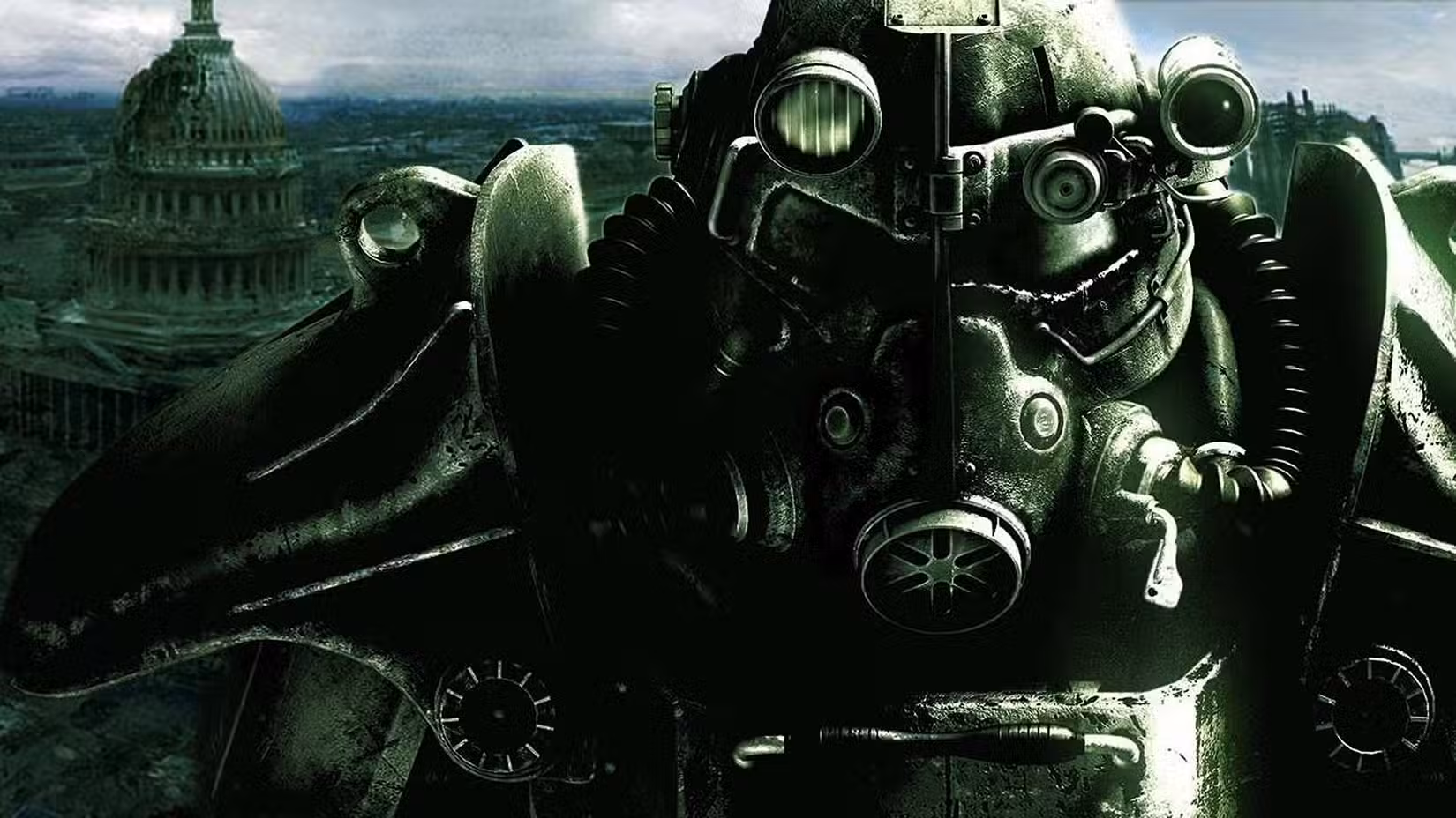 A character from Fallout 3 in full Brotherhood of Steel power armor