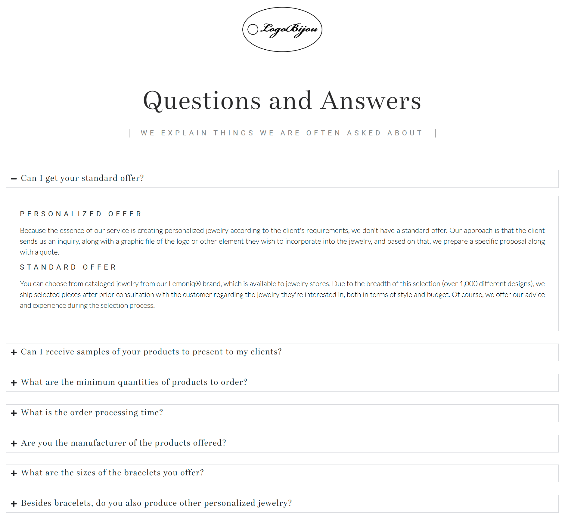 FAQ page example of LogoBijou, a custom jewelry manufacturer 