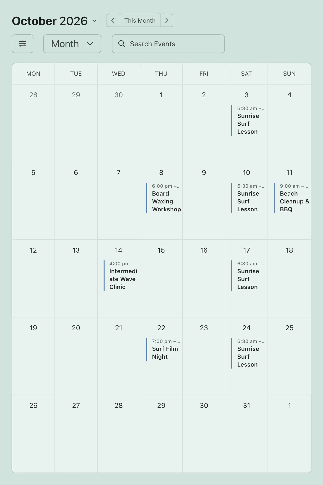 October 2026 Sugar Calendar on the Horizon Surf School website, filled with events synced from Facebook, including a weekly Sunrise Surf Lesson