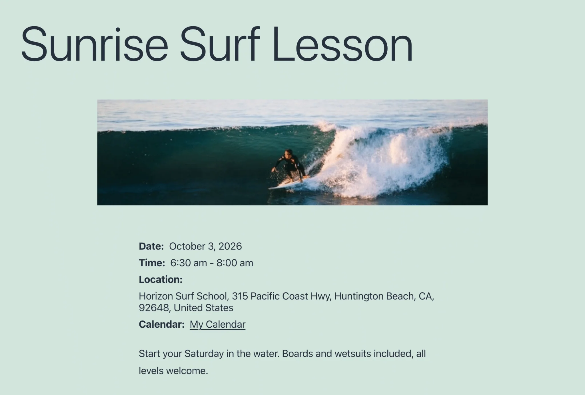Sunrise Surf Lesson event page on the website calendar, showing the Facebook cover photo, date, time, and location