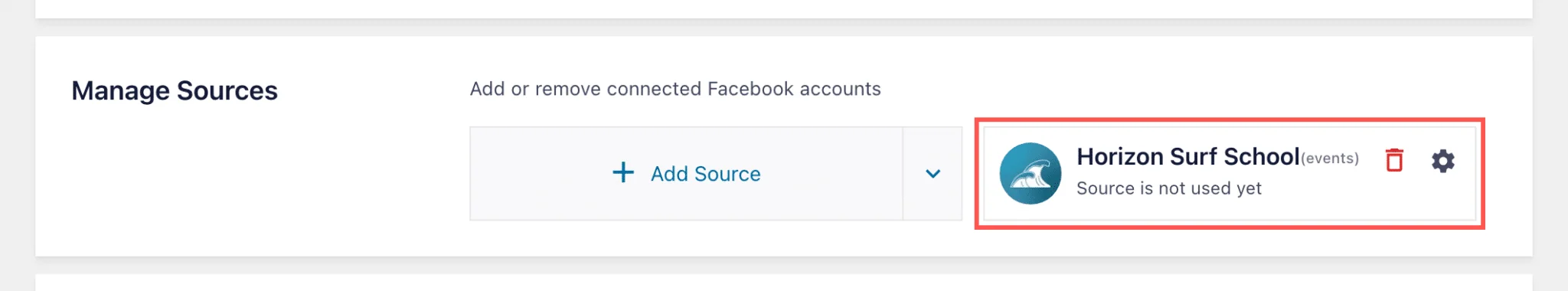 Facebook Feed Settings General tab, Manage Sources box with the Horizon Surf School (events) source highlighted