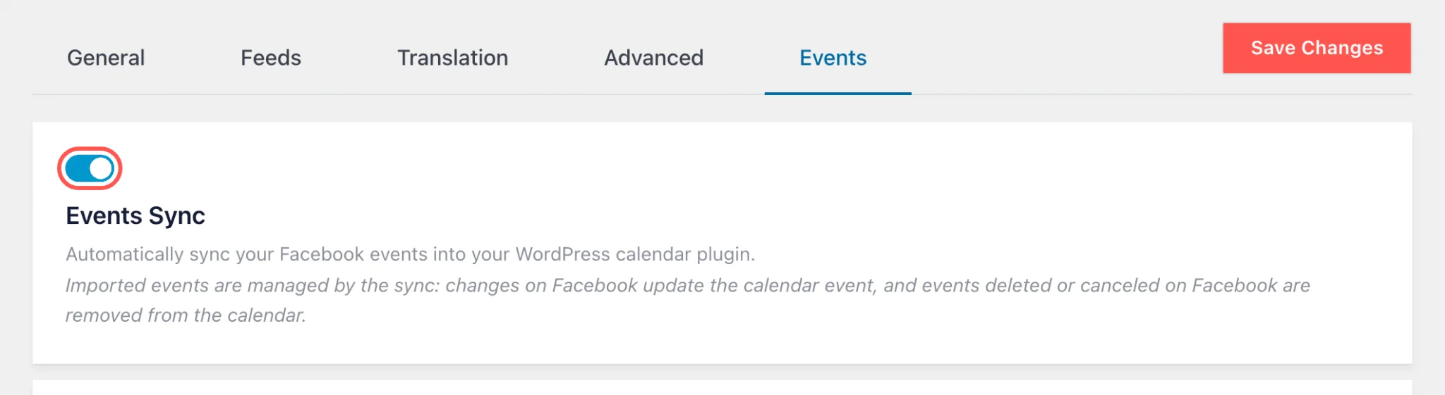Facebook Feed Settings Events tab with the Events Sync toggle switched on and highlighted