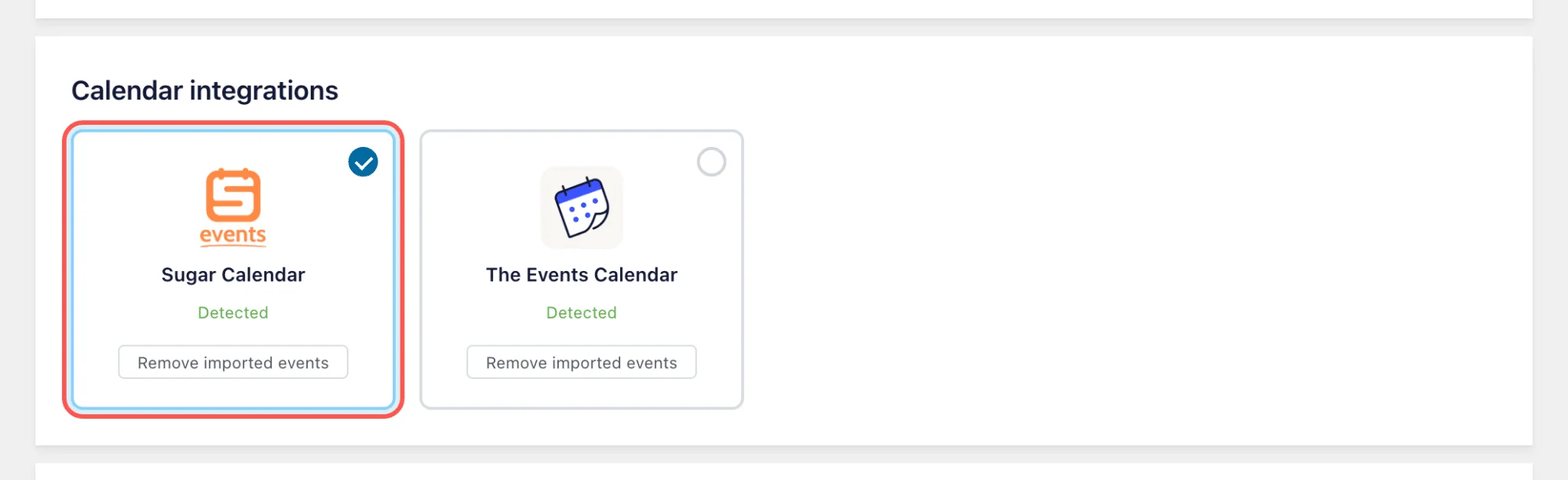 Calendar integrations cards in Facebook Feed Pro with Sugar Calendar selected and highlighted, and The Events Calendar beside it